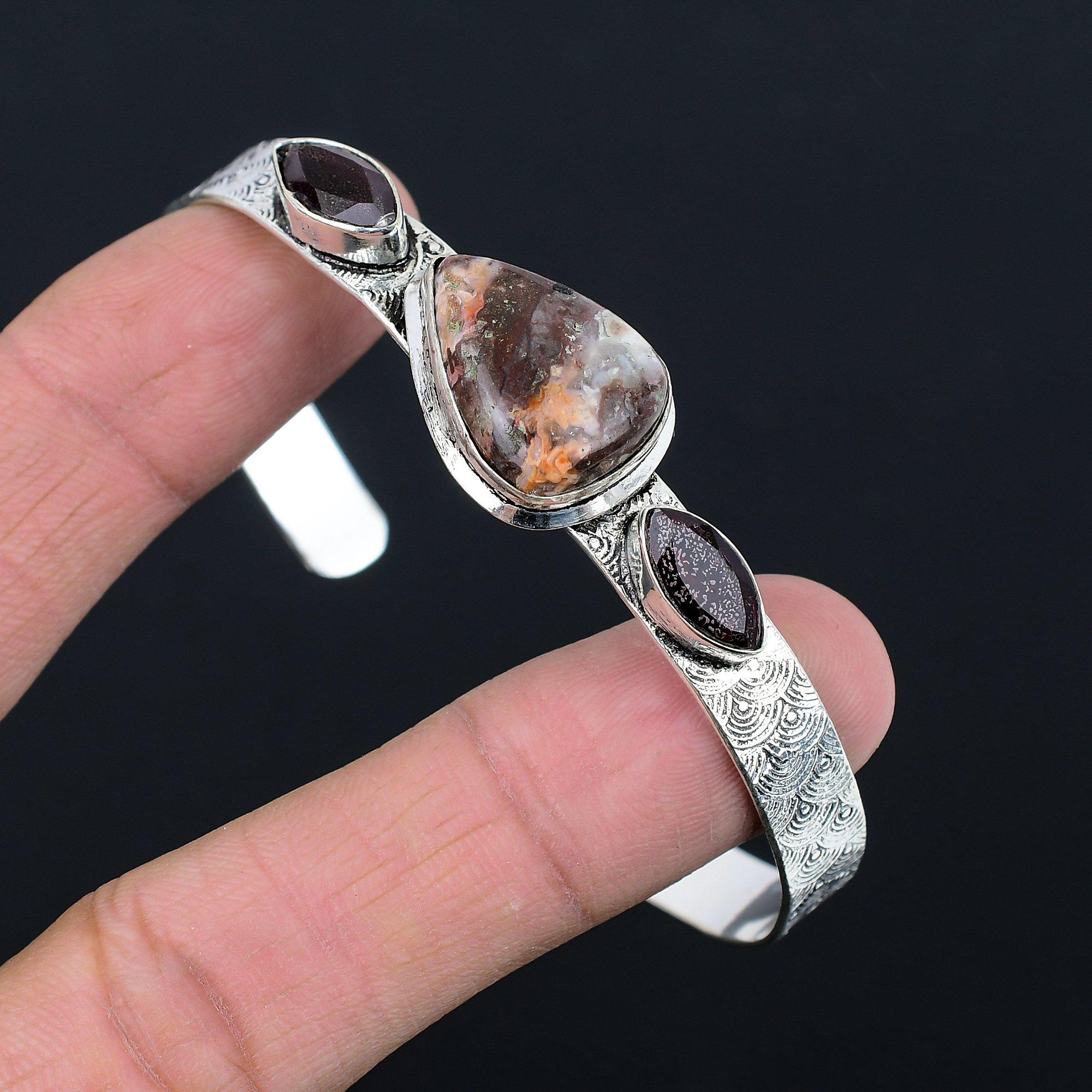 

Pear Coconut Jasper Gemstone Garnet 925 Sterling Silver Daughter Bangle Bracelet Adjustable