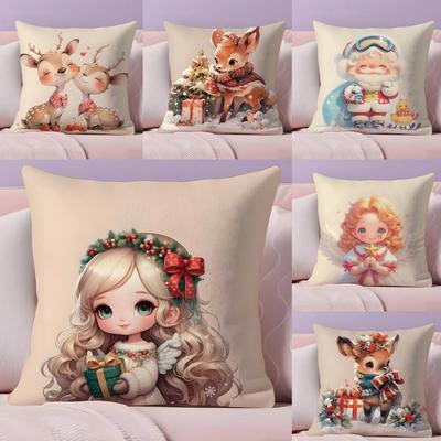 Christmas Cute Family Decorations Pillow Case Silky Short Plush With Invisible Zipper Dustproof Sofa Cushion Cover