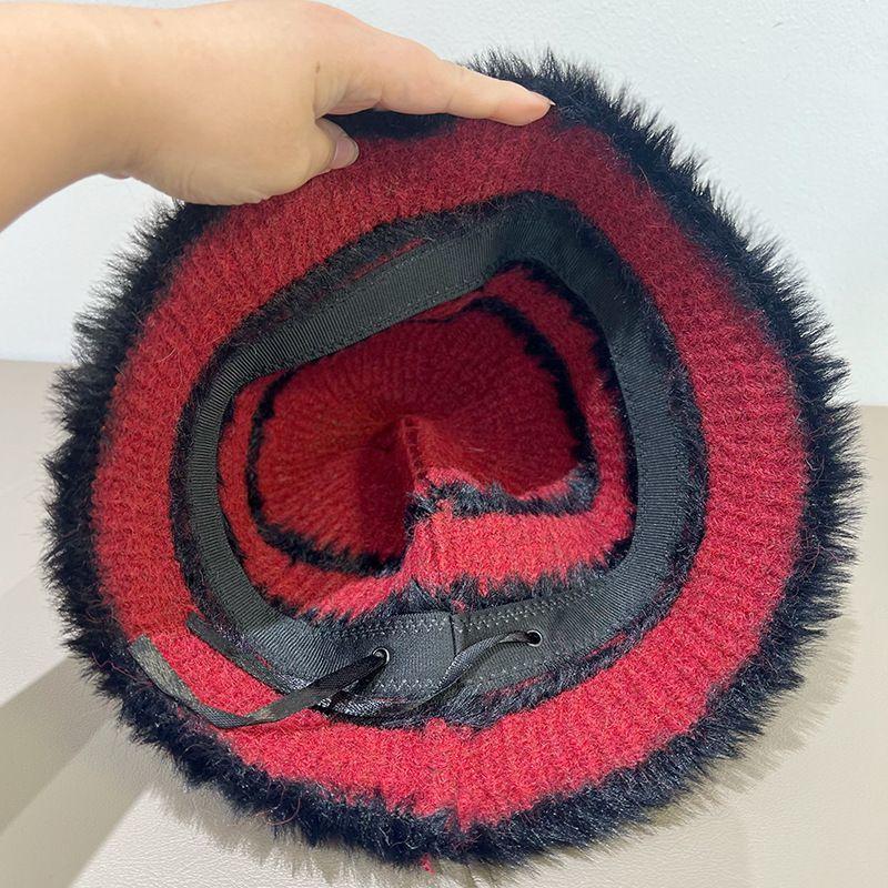 Plush Knitted Striped Bucket Hat Women's Autumn and Winter Wool Bucket Hat