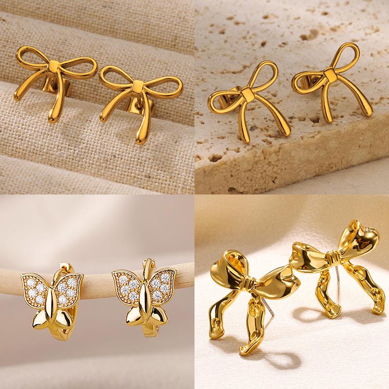 Stainless Steel Thin Bowknot Earrings For Women Gold Color Aesthetic Earring Wedding Christmas Fashion Jewelry Accessories