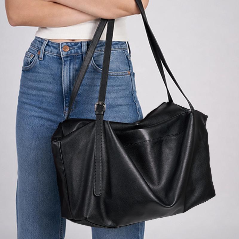 Tote Bag Women'S Large-Capacity First-Layer Cowhide Commuter Shoulder Bag, Genuine Leather, Lazy And Relaxed Armpit Bag.