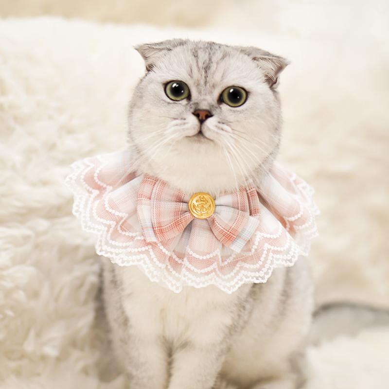 1PC Cute Pet Lace Bib Pink Plaid Ribbon Dog Cat Bowtie Collar Necklace Decoration Organza Cotton Gauze Bibs Pet Accessories