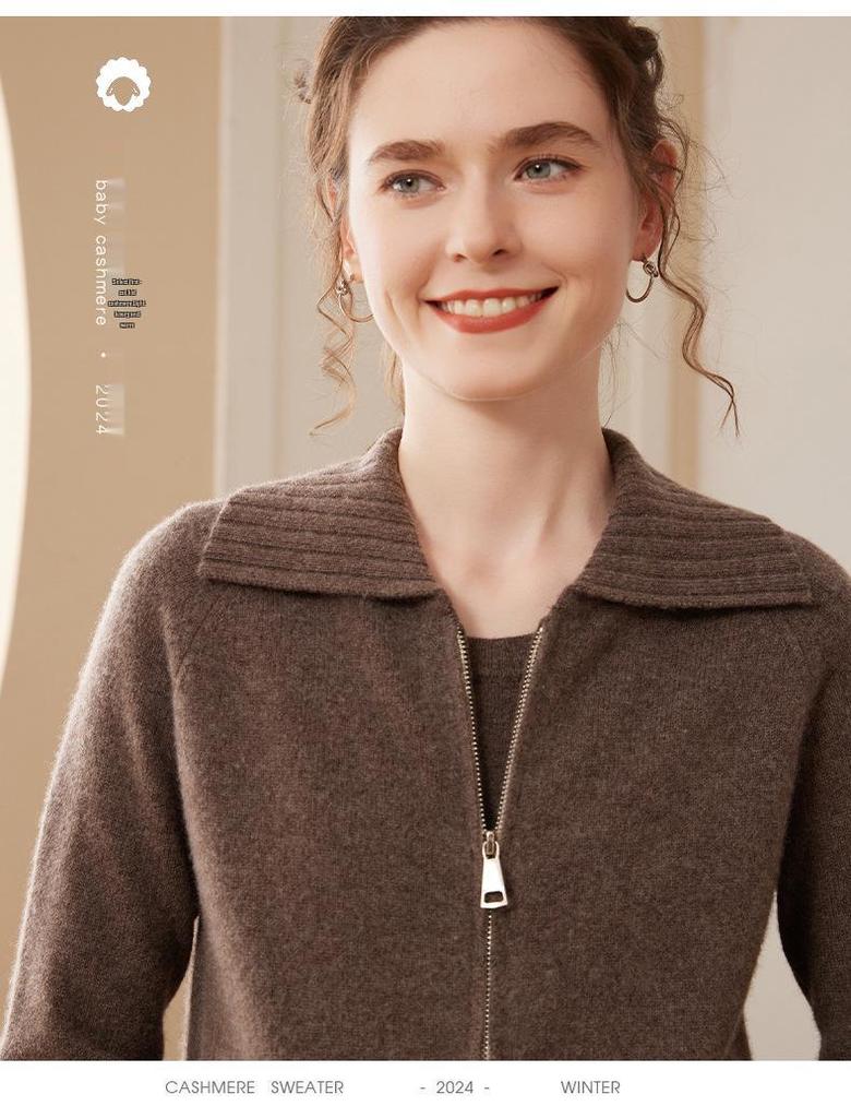 Autumn/Winter Cashmere Knit Cardigan Coat - Women's Long Sleeve Zip-Up with Large Lapel