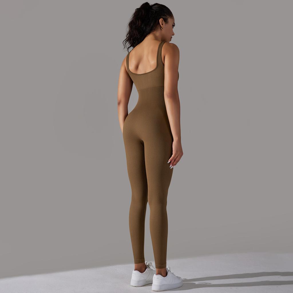 Seamless Knitted Thread Solid Color Tight Flat Collar Jumpsuit For Sports Running, Fitness Yoga, And Fitness