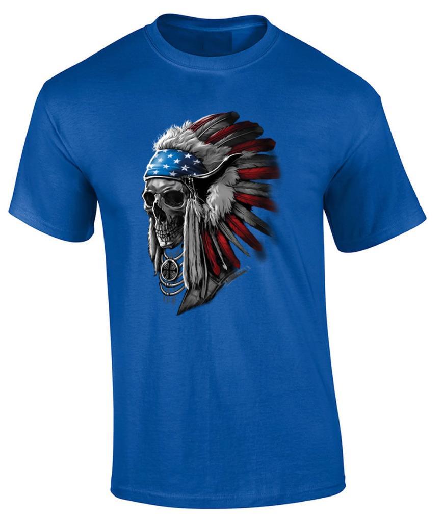 Patriotic Chief Skull T-Shirt Indian Native American Headdress Tee XXL