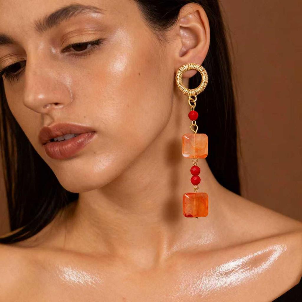 Simple, fresh, niche and trendy geometric square orange patchwork long earrings, elegant and stylish women's earrings