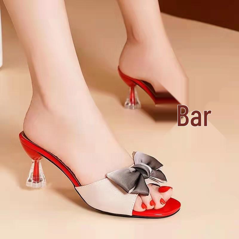 Summer Stiletto Peep Toe Bow Crystal Heel Comfortable Korean Style Women's Shoes