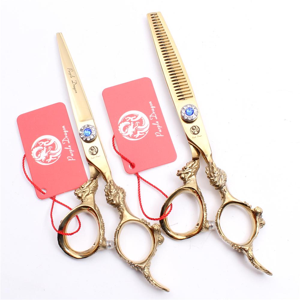 

Purple Dragon Golden Handle 6-inch Hairdressing Scissors & 5.5-inch Straight and Thinning Shears 5.5-inch Gold Thinning Scissors