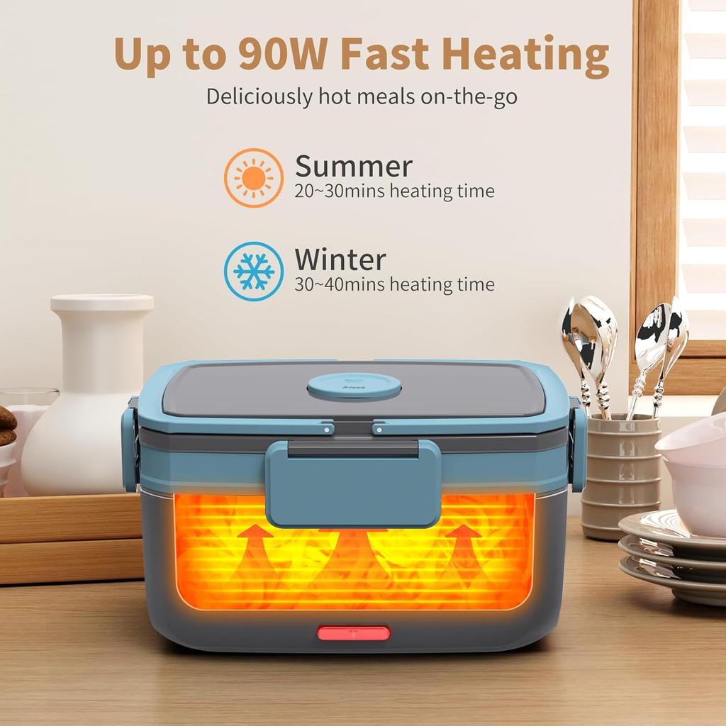 Electric Lunch Box for Adults – 90W Portable Food Warmer with 2L Stainless Steel & 1L Fruit Container, 12V/24V/110V Heated Lunch Box for Car,