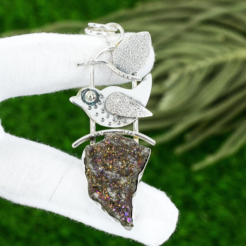 925 Silver Pentagon Titanium Druzy Stone Bezel Mother Birthday Pendant Jewelry