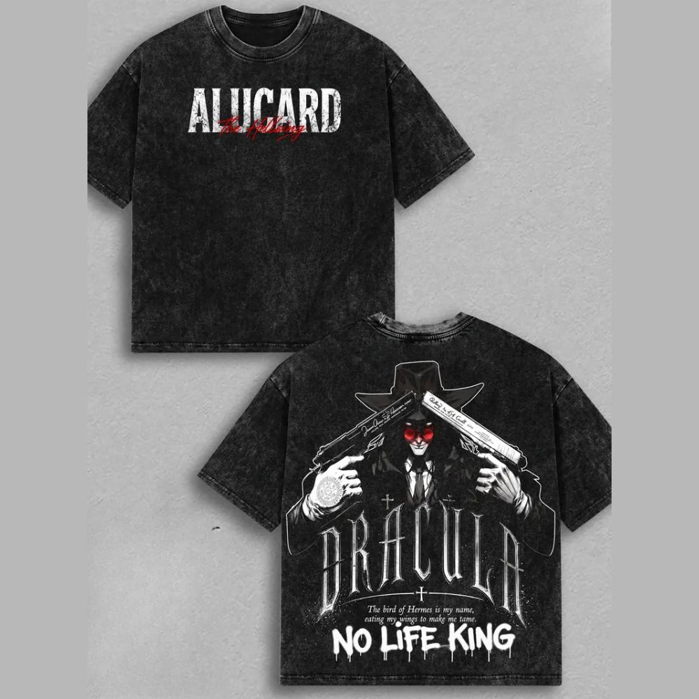 Retro Harajuku Hellsing Alucard T-Shirt Vintage Gewaschenes Oversized T-Shirt Kurzarm 100% Baumwolle T-Shirts Oberteile Herren Damen Kleidung