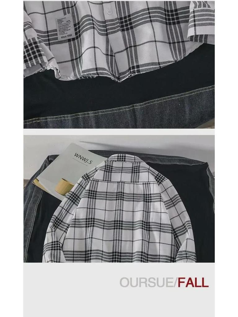 2024 Men's Plaid Shirt: Casual Spring/Autumn Jacket, Long-Sleeved Trendy Student Style