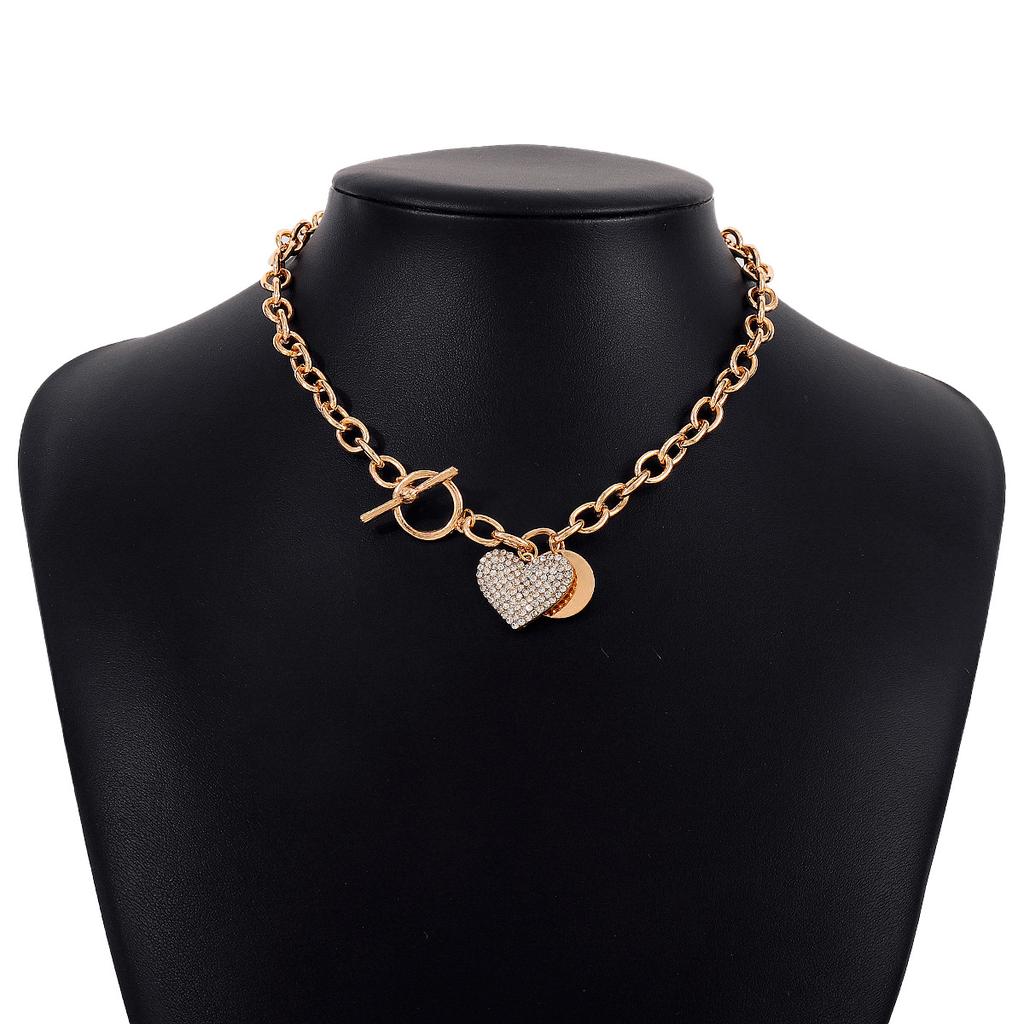 Women European Temperament Sweet Cool Choker Round Heart OT Buckle Chain Micro-set Minimalist Necklace For Women