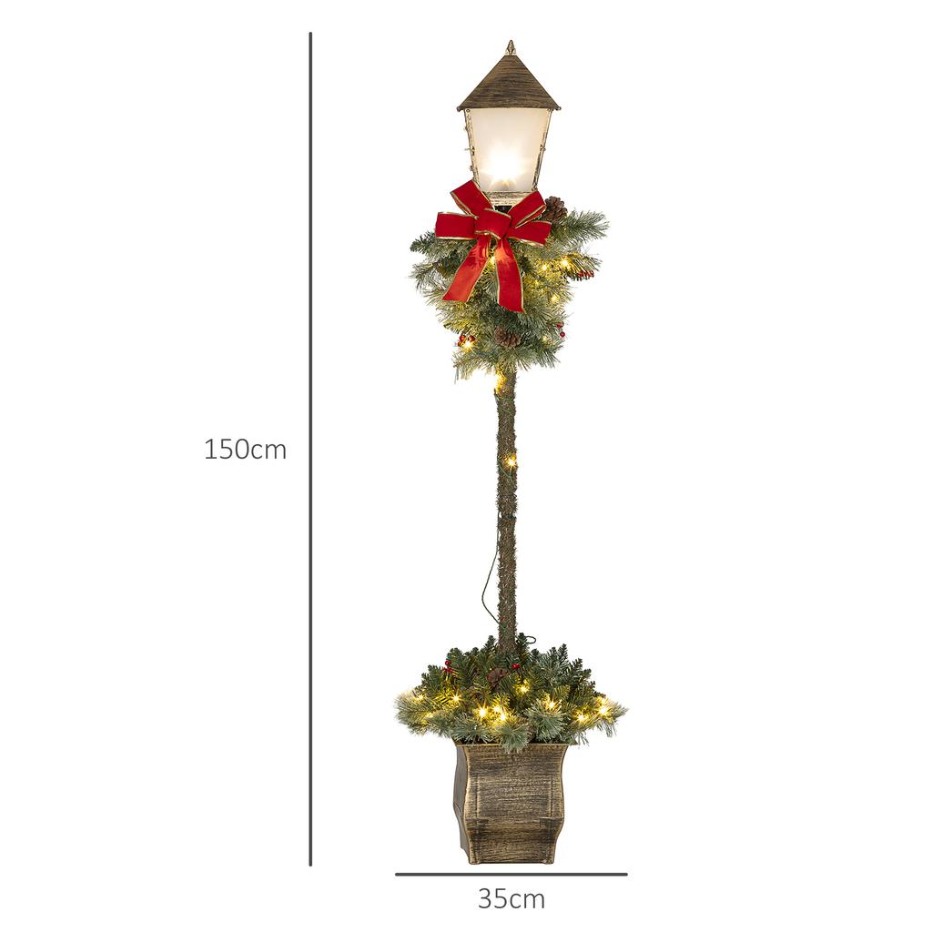 Christmas lantern with berries, pinecones & ribbon, LED lights, metal pole, 150 cm