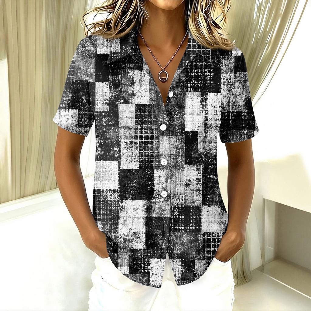 Kurzarm-Button-Down-Hemd für Damen, lässige Passform, geometrischer Druck, Reverskragen, leichtes Oberteil, Bluse