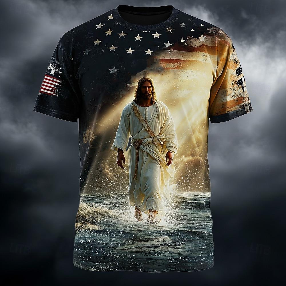 Men's Lion Cross Christian T Shirt Short Sleeve T shirt 3D Print Crew Neck Shirt Religious Casual Daily Party Blue Red Green