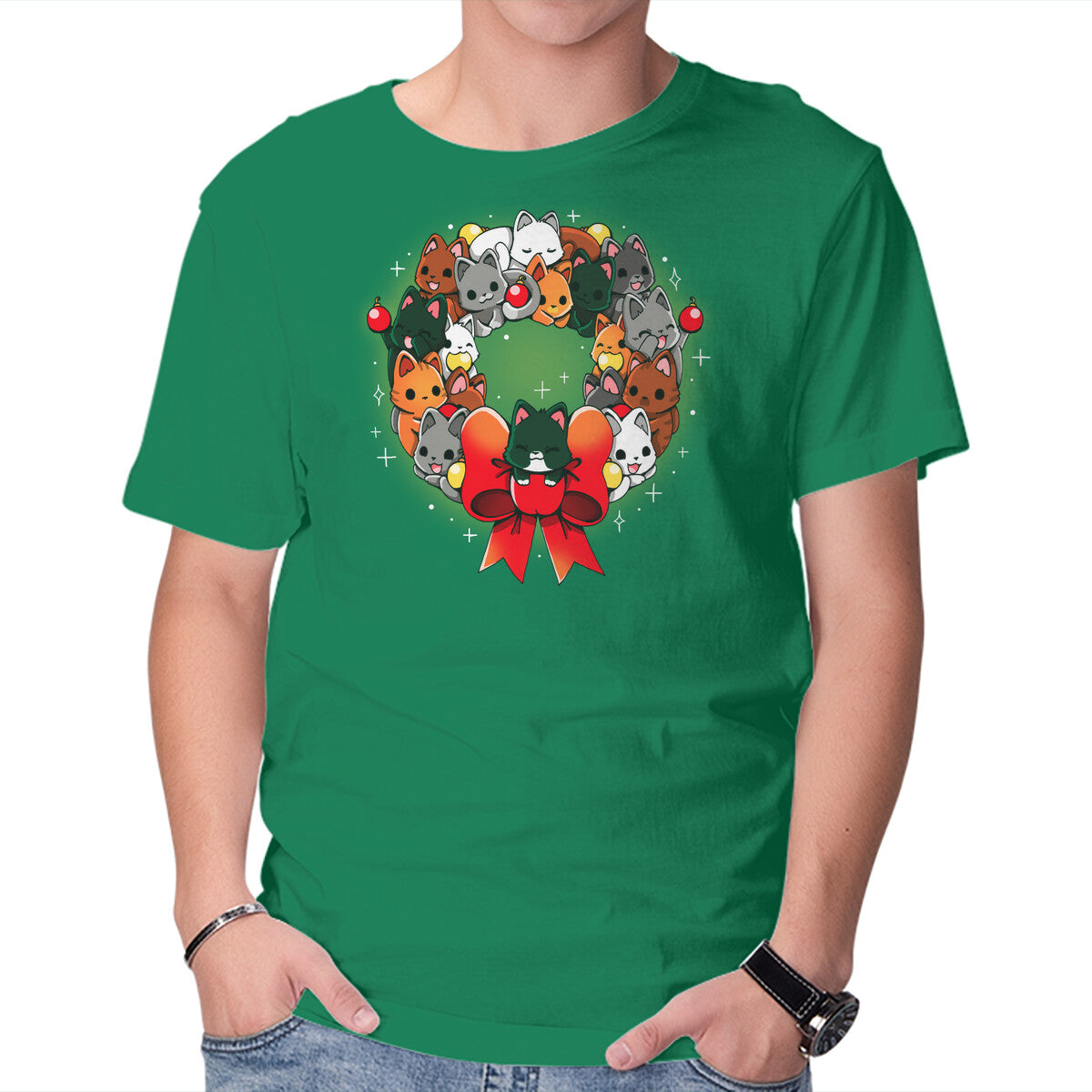 Unisex Crew Neck T-Shirt Kittens Christmas Wreath Graphic Short Sleeve Casual Tee M