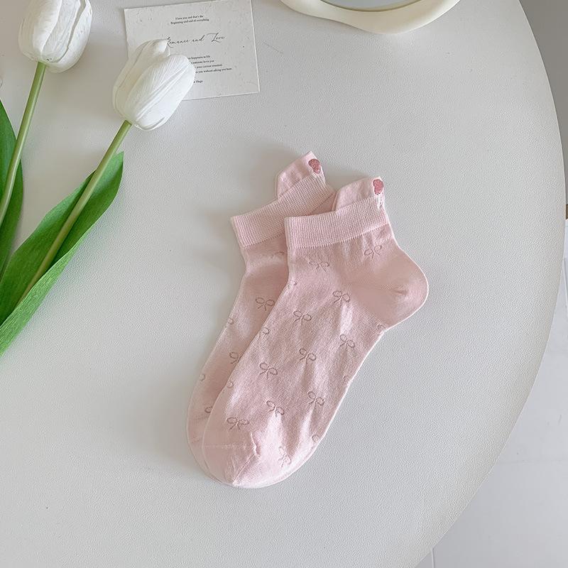 

Женские весенне-летние тонкие вышитые носки-подследники с милым бантом из сетки, дышащие, влагоотводящие 1 pair розовый