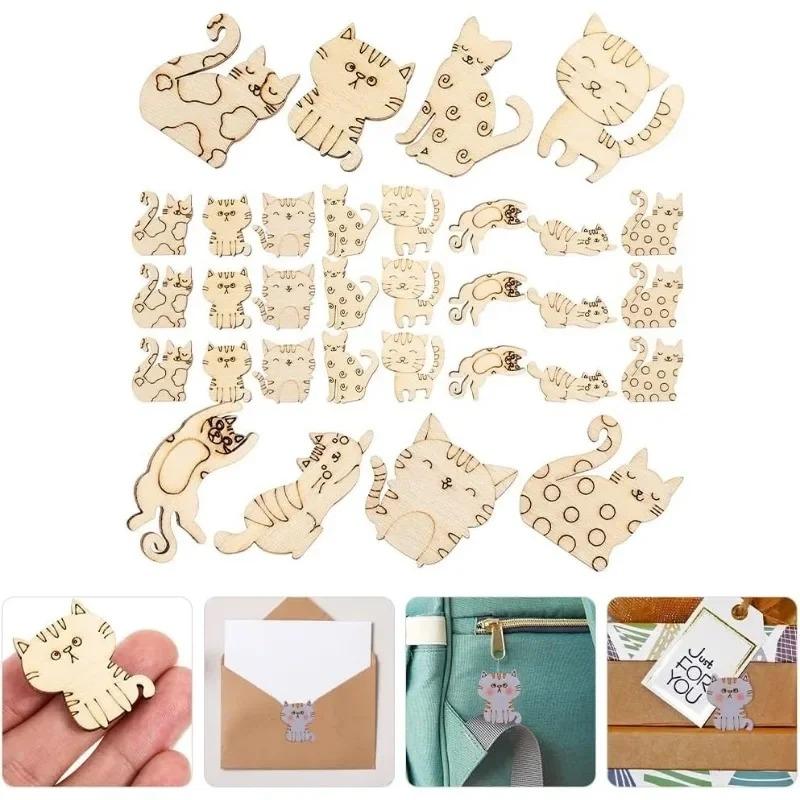 50pcs Unfinished Wooden Cat Cutouts Wood Discs Slices Blank Cat Animal Shaped Disc for Home DIY Handicraft Birthday Party