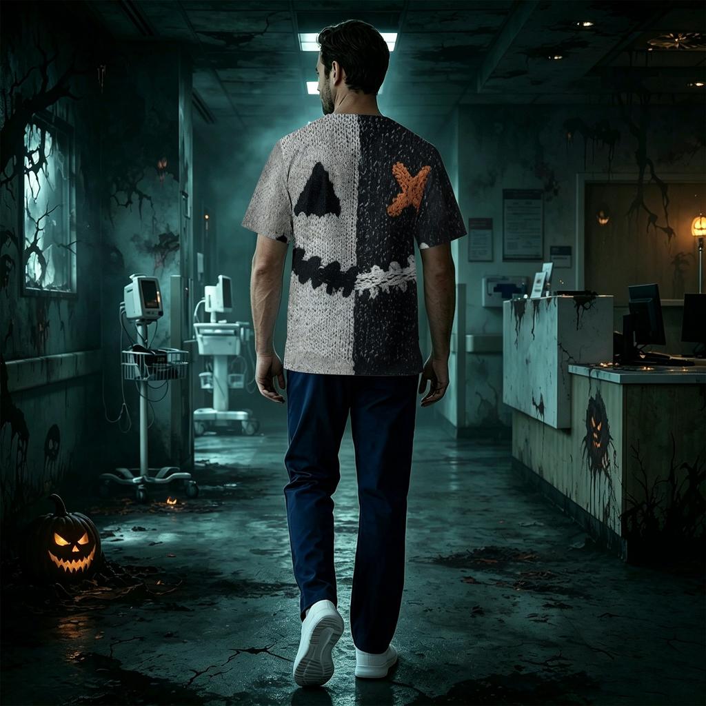 Men's Short Sleeve V-Neck Scrub Top with Chest Pocket Halloween Print for Work and Costume