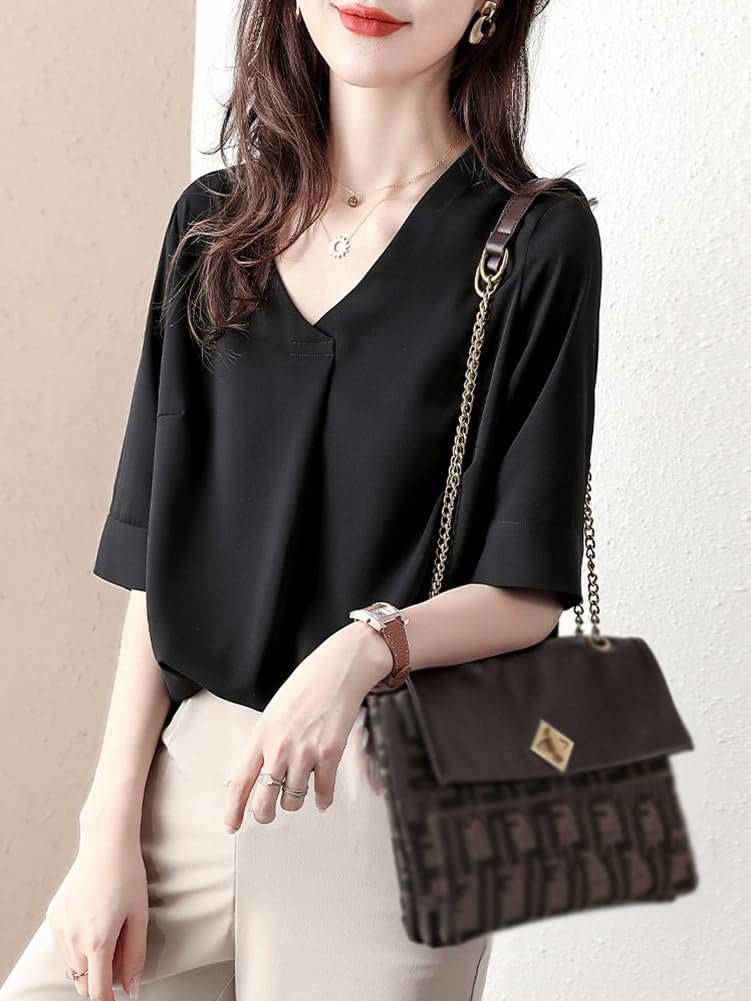 Blouse Summer Top Short Sleeve Loose Fit Outerwear Feminine Chiffon Shirt Pullover Plain Adult Elegant Clean Stylish Casual Formal Commuting OL [H.