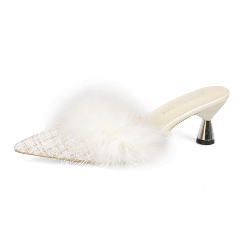 Fashion Women's Baotou Slippers Winter New Pointed Cloth Plus Plush Anti-slip Wear-resistant Slip-on High Heels