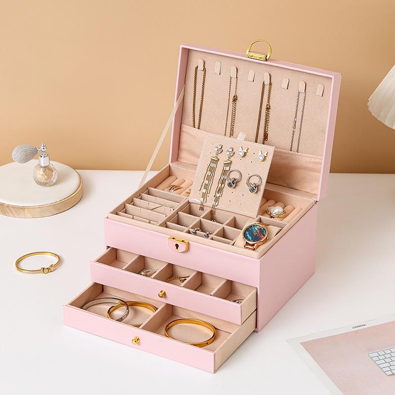 

Премиальный трехслойный органайзер для украшений с выдвижными ящиками для ожерелий, серег, аксессуаров и золота - Хранение большой вместимости