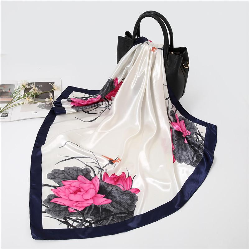 New 90cm Silk Scarf Women Print Hair Neck Square Office Ladies Shawl Bandanna Muslim Hijab Handkerchief Muffler Foulard female