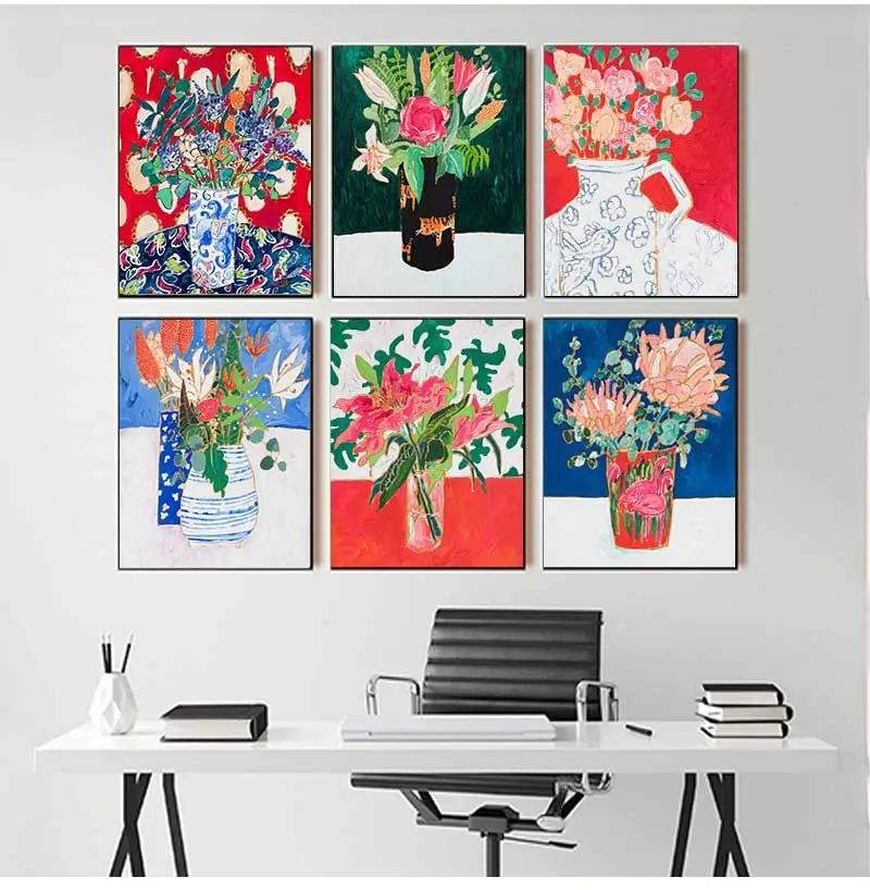 Nordic Flower Leaf Colorful Vase Art Print Wall Poster Canvas Painting Retro Picture Modern Home Decor Bedroom Decoration