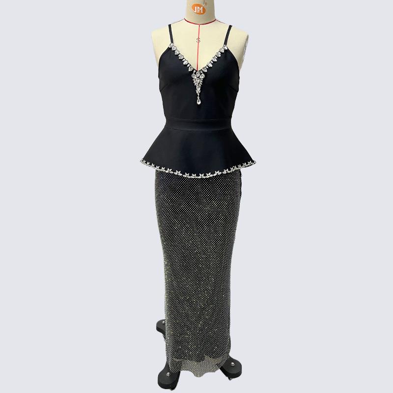 

Multicolor Rhinestone Bandage V-Neck Spaghetti Strap High-Waist Evening Gown Set Extra Large