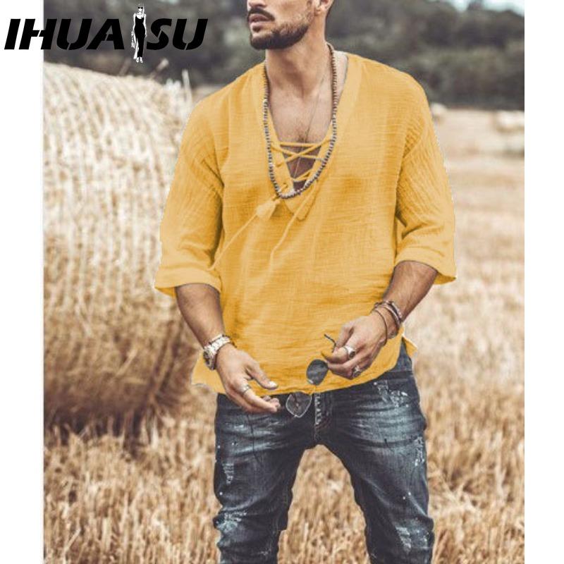 IHUASU Bavlněné tričko s krátkým rukávem Pánská móda Košile s volným polovičním rukávem Košile s potiskem