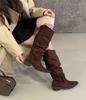 Pile Boots Vintage Suede Khaki Boots 2025 Women's Boots French Autumn Skinny Boots Thick Heel High Boots