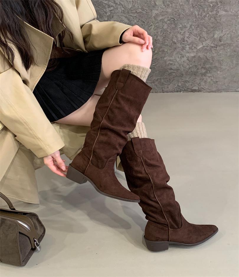 Pile Boots Vintage Suede Khaki Boots 2025 Women's Boots French Autumn Skinny Boots Thick Heel High Boots