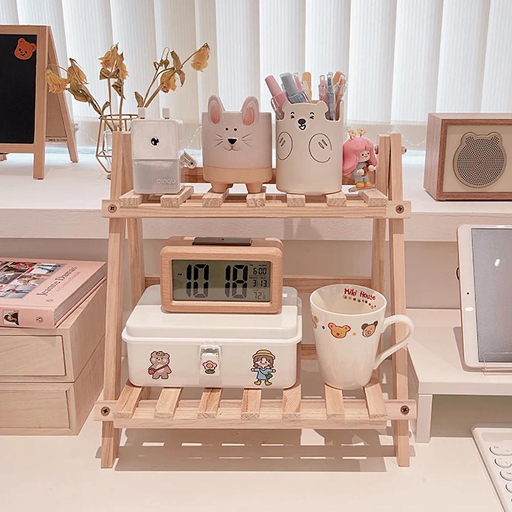 1 Household Log Double Shelf, Multi-purpose Living Room, Bedroom Table Items Storage and Arrangement Shelf, Original Wood Color