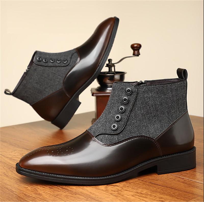 New Winter Fashion Mixed Color Patchwork Ankle Boots Men's Pointed Leather Casual Shoes Luxury Designer High Tops Zapatos Hombre