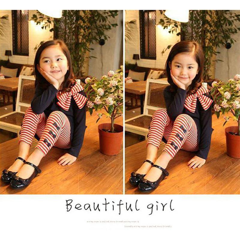 Adorable 2pcs Toddler Kids Baby Girls Outfits With Bowknot Top Striped Legging