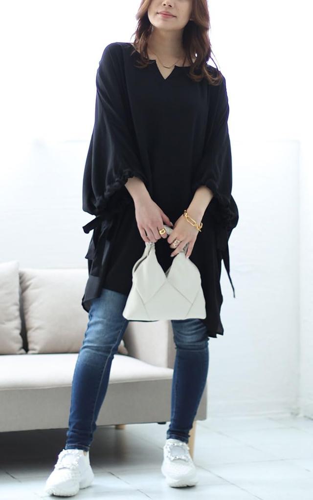 Gold Japan Plus Size Long Keyhole Dolman Wide Sizes Women's Tunic, Sleeves, Neck, Style, Ribbon, Spring/Autumn, Fem-460, Black, 4L-5L