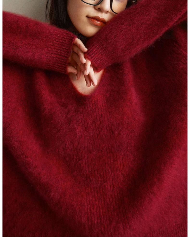 Women's High-End French V-Neck Sweater – Soft, Long-Sleeved, Solid Color Knitwear for Autumn & Winter, Loose Fit, Trendy Style.