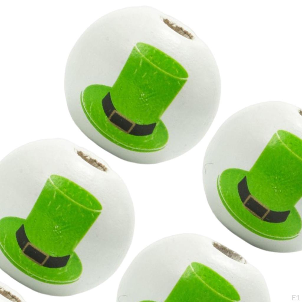 10 Pieces Round ST. Patrick’S Day Wooden Beads White Polished Wood Spacer for Jewelry