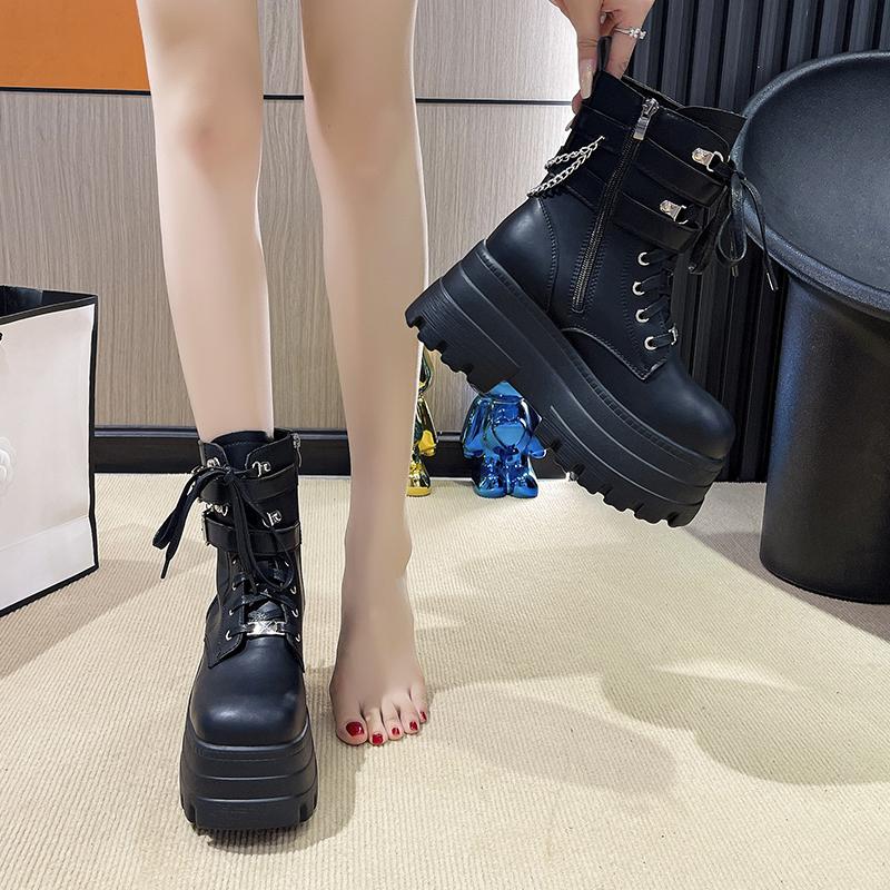 Fashion New 9cm Platform Boots Goth for Women Lace Up Wedge Heel Buckle Ankle Booties Studded Short Motorcycle Boots with Zipper White