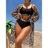 Costume de baie cu imprimeu leopard, decolteu rotund și mânecă lungă, model kimono, set de 3 piese, costume de baie, haine de baie și costume de baie pentru femei