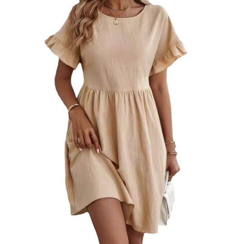Solid-Color Pocket Women's Dress Solid Loose Short sleeve Women clothes round Neck Dress Women