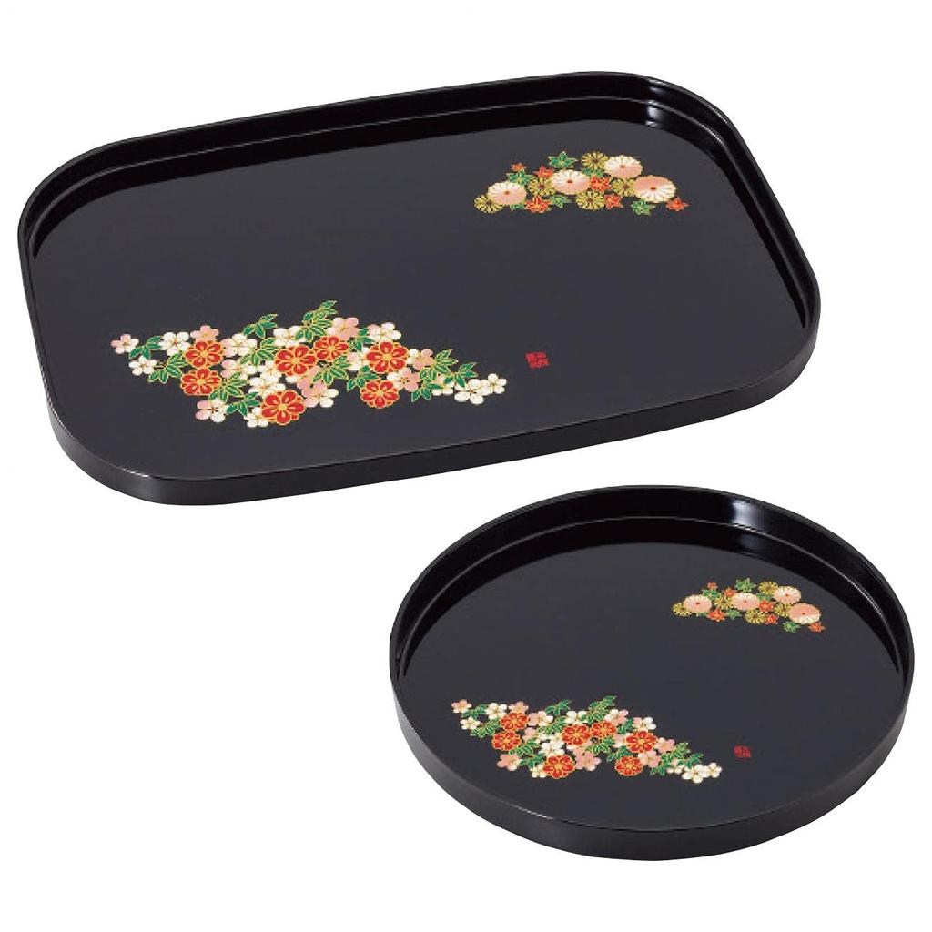 Nakanishi Kogei Yoshio Narigan Round and Long Tray Nagomi Spring and Autumn Made in 0773004 Set, Black, Design, Japan,