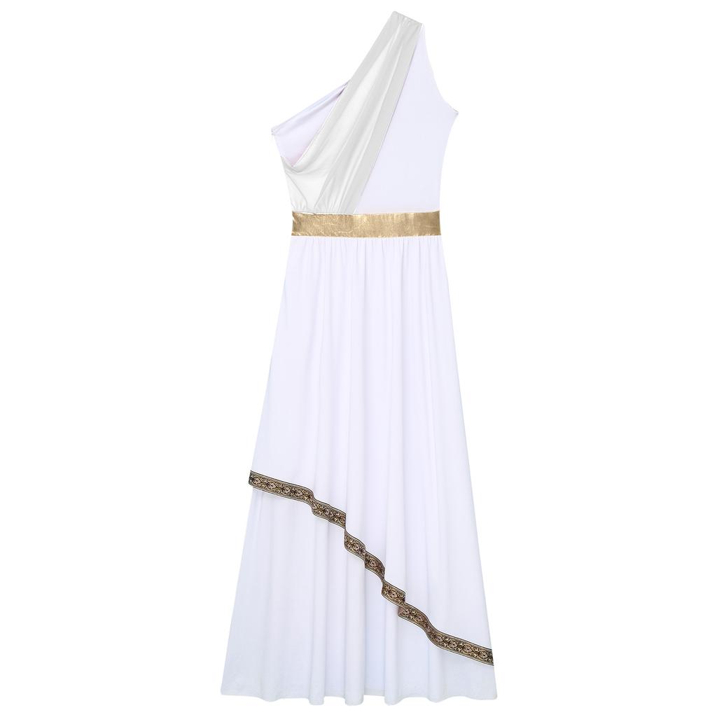 Womens Ancient Greek Praise Dance Dress One Shoulder Chiffon Overlay Vintage Trim Tunic Halloween Cosplay Party Gown