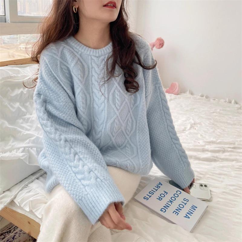 Solid color twist sweet and gentle round neck pullover sweater women's autumn and winter new fashion age-reducing knitted sweater top