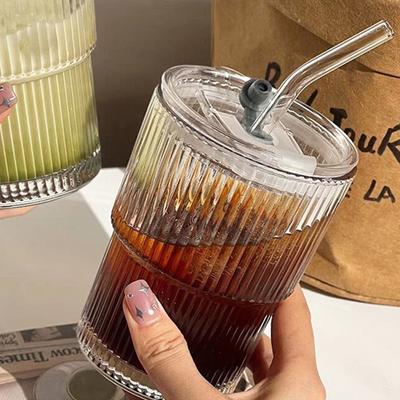 1 tasse en bambou à rayures verticales, tasse en verre avec paille, tasse à whisky au lait, tasse à café avec couvercle