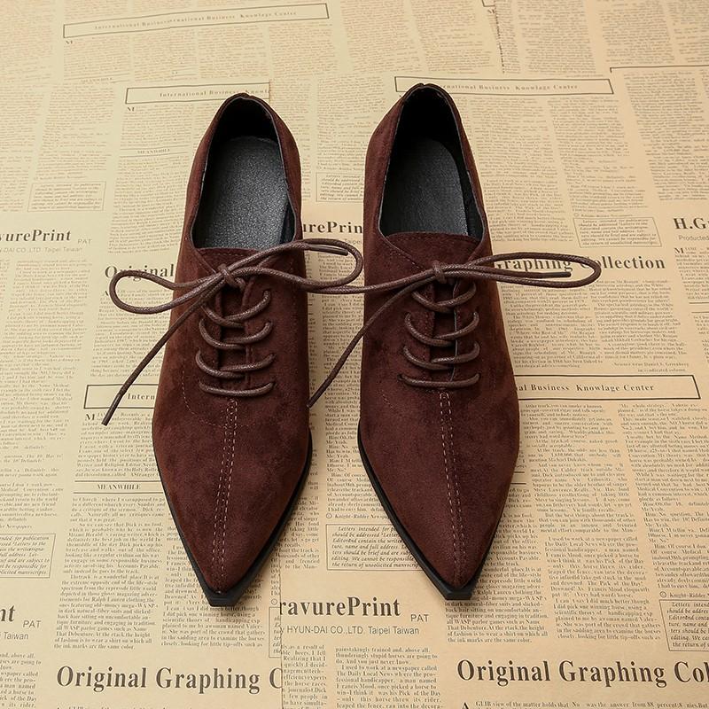 Sheep Suede Comfort Spring Shoes Chunky Heels Oxford Shoes Pointed Toe Lace Up Women Deep Mouth British School Pumps