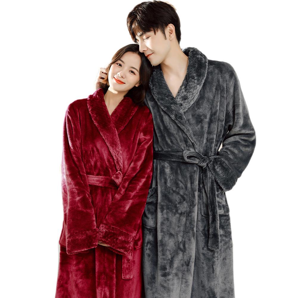 Winter Couple's Thick Flannel Robe - Warm Coral Fleece Long Bathrobe for Men and Women