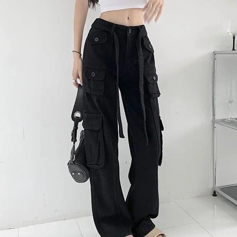 Streetwear Pockets Vintage Wide Leg Pants Women Fashion Loose Cargo Pants Women Solid Mid-Waiat Straight Trouser Pantalons 29649