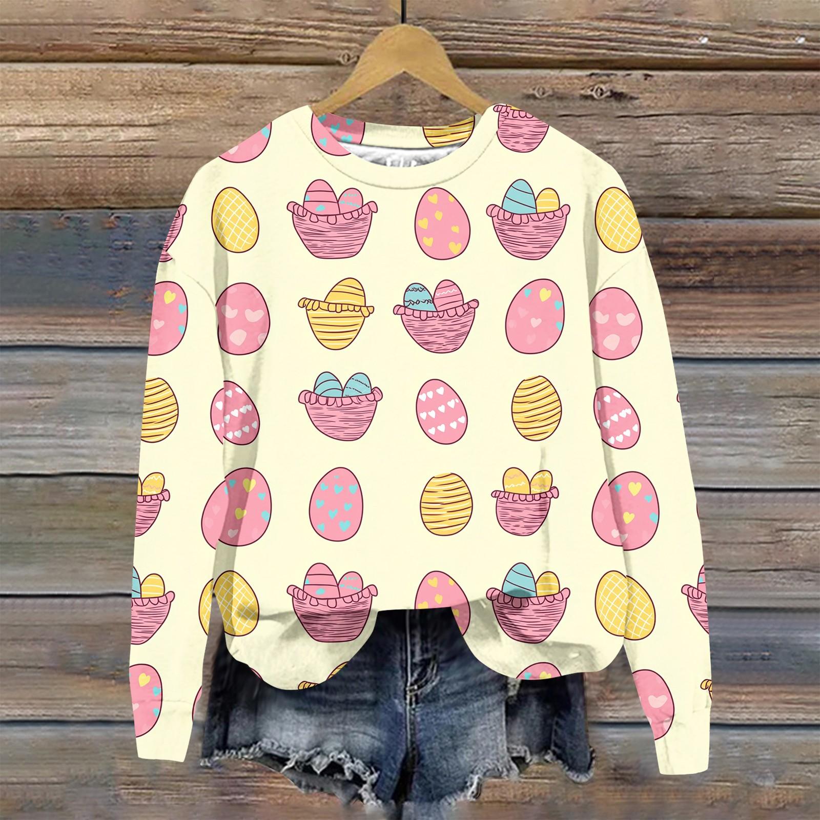 

Женская мода Пасха Печатный Длинный рукав Свободный круглый вырез Толстовка Топ S розовый